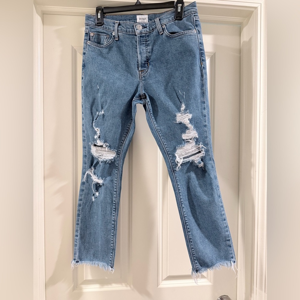 Hudson Jeans Distressed Light Blue Cropped Denim